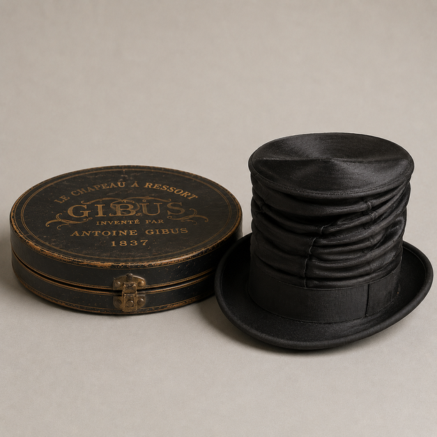 Le gibus ou chapeau claque, le chapeau pliable inventé en 1837 pour les soirées à l'opéra, et sa boîte basse reconnaissable